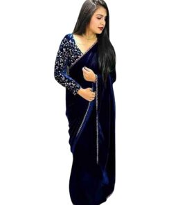 BRAHMSHAKTI Women's Solid Lycra Velvet Beautiful Ethinic Wear Saree With Unstiched Blouse Piece