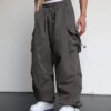 Solid Side Pockets Black Nylon Fabric Baggy fit Cargo Pant