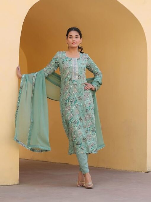 Women's Rayon Blend Printed Straight Kurta with Pant & Dupatta