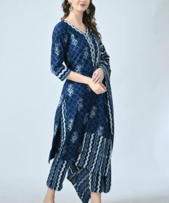 Women Indigo Printed Kurta and Pant Set With Dupatta