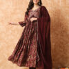 Floral Printed Empire Thread Work Anarkali Kurta & Trousers With Dupatta