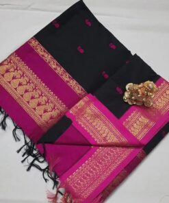 Women's Pure Kalyani Cotton Silk Saree with Zari Border and Blouse Piece (Black & Pink)