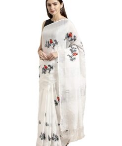 Anni Designer Women's Woven Linen Saree (BEYHADH_WHITE)