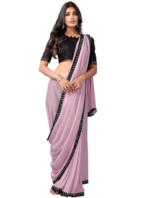 Women's Sequence Lace, Foil Paper, Dyed Lycra Shimmer Saree with Unstitched Blouse Piece