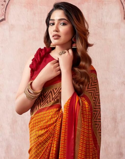 Women's Printed Georgette Alia Bhatt Saree with Unstitched Blouse Piece