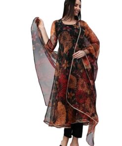 GoSriKi Women's Cotton Blend Anarkali Floral Printed Kurta with Pant & Dupatta