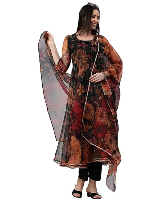 GoSriKi Women's Cotton Blend Anarkali Floral Printed Kurta with Pant & Dupatta