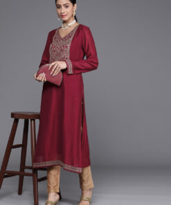 Women Maroon Ethnic Motifs Embroidered Embellished Yoke Design Kurta