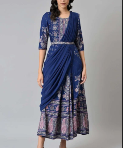 Blue Printed and Embroidered Insta Saree