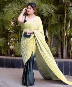 Women's Pleated/Crushed Plain Chinon Saree With Unstitched Blouse Piece