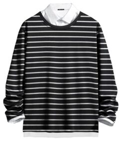 Mens Striped Polo Neck Full Sleeve Black and White Cottonblend Slim Fit T-Shirt