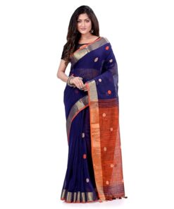 Women`s Pure Cotton Traditional Bengali Tant Handloom Cotton Saree Round Desigined With Blouse Piece