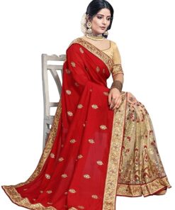 Viluchi Women's Vichitra Silk Half & Half Embroidered Saree Rajvee-New