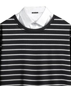 Mens Striped Polo Neck Full Sleeve Black and White Cottonblend Slim Fit T-Shirt