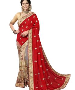 Viluchi Women's Vichitra Silk Half & Half Embroidered Saree Rajvee-New