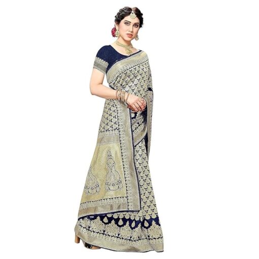 Women's Trendy Banarasi Kanjivaram Navy Color Art Silk Saree with Blouse Material