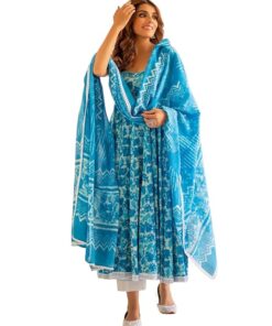 GoSriKi Women's Cotton Blend Anarkali Printed Kurta with Pant & Dupatta