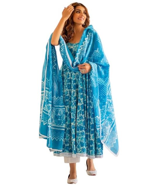 GoSriKi Women's Cotton Blend Anarkali Printed Kurta with Pant & Dupatta