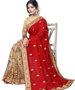 Viluchi Women's Vichitra Silk Half & Half Embroidered Saree Rajvee-New