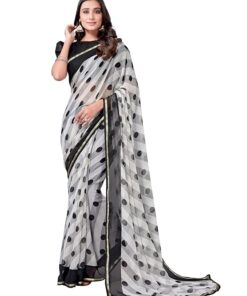 Women's Lace & Printed Chiffon Saree with Unstitched Blouse Piece