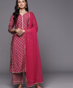 Women Magenta Floral Printed Gotta Patti Kurta with Palazzos & With Dupatta