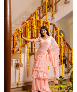 Creamy Peach Ruffle Saree with Stitched Blouse