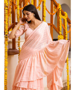 Creamy Peach Ruffle Saree with Stitched Blouse