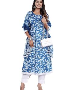 PARTHVI Women's Cotton Printed Anarkali Kurta with Palazzo & Dupatta Set