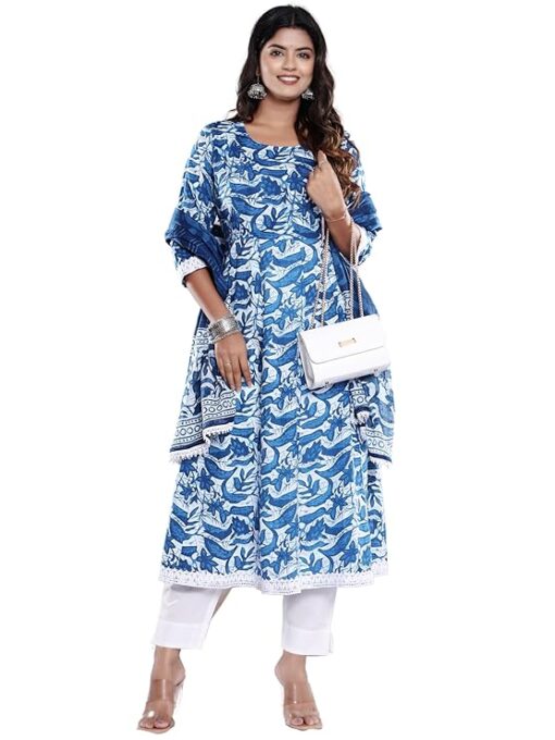 PARTHVI Women's Cotton Printed Anarkali Kurta with Palazzo & Dupatta Set