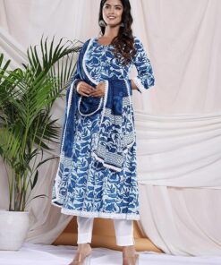 PARTHVI Women's Cotton Printed Anarkali Kurta with Palazzo & Dupatta Set