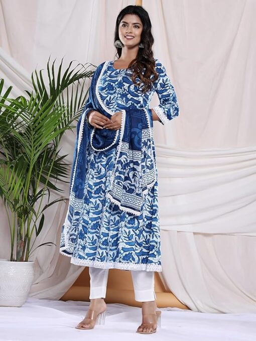 PARTHVI Women's Cotton Printed Anarkali Kurta with Palazzo & Dupatta Set