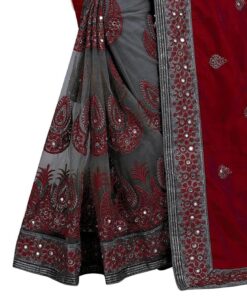 Women's Vichitra Silk Half & Half Embroidered Saree Diwa Half Maroon