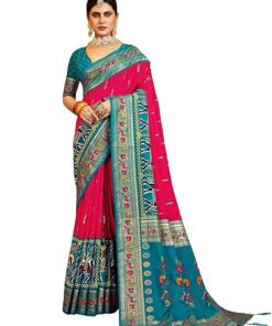 AKHILAM Women's Patola Silk Peacock Woven Design Zari Work Saree With Unstitched Blouse Piece