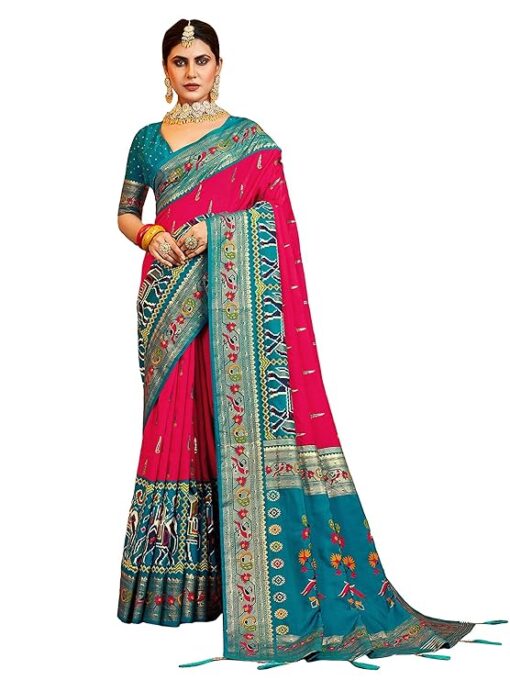 AKHILAM Women's Patola Silk Peacock Woven Design Zari Work Saree With Unstitched Blouse Piece