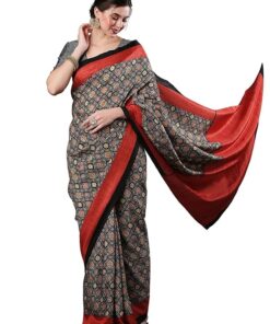 AKHILAM Women's Ajrak Block Print Dola Silk Saree With Unstitched Blouse Piece