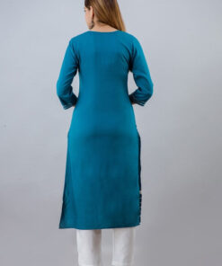 Women Turquoise Blue Ethic Motif Embroidered Kurta With Pant and Dupatta set