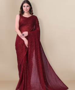 Embellished Sequinned Georgette Saree Maroon with Unstitched Blouse