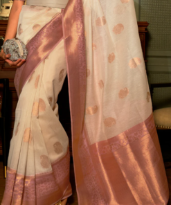 beige woven banarasi Linen brocade saree