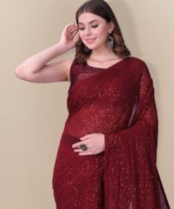 Embellished Sequinned Georgette Saree Maroon with Unstitched Blouse