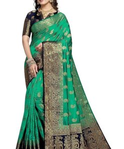 iZibra Women Kanjivaram Soft Cotton Silk Saree Pattu Sarees Banarasi Sari Original Kanchipuram Pure Silk Design with Blouse for Wedding sadi new ladies 2022 (Keri-Meena)