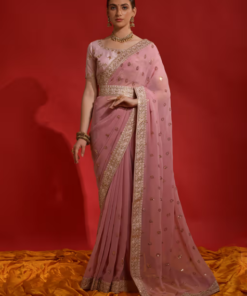 Akhilam Women Georgette Pink Embellished Designer Saree with Unstitched Blouse