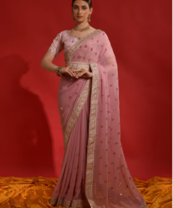 Akhilam Women Georgette Pink Embellished Designer Saree with Unstitched Blouse