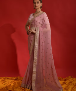 Akhilam Women Georgette Pink Embellished Designer Saree with Unstitched Blouse