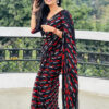 Black And Red Georgette Thread Work Casual Wear Saree