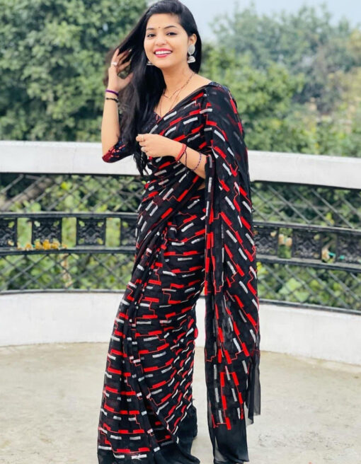 Black And Red Georgette Thread Work Casual Wear Saree