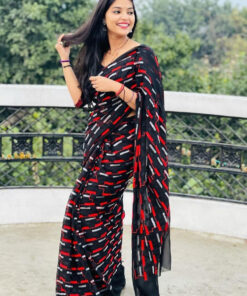 Black And Red Georgette Thread Work Casual Wear Saree