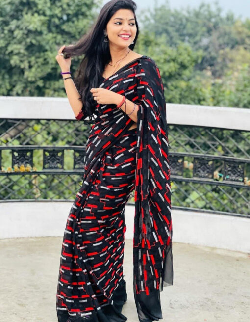 Black And Red Georgette Thread Work Casual Wear Saree