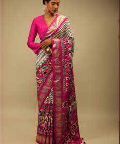 Rani Pink Patola Saree In Soft Silk With Brown And White Stripes And Stick On Kundan Work