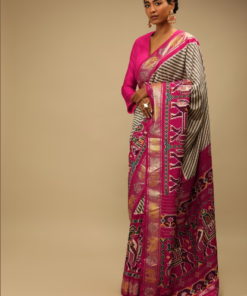 Rani Pink Patola Saree In Soft Silk With Brown And White Stripes And Stick On Kundan Work