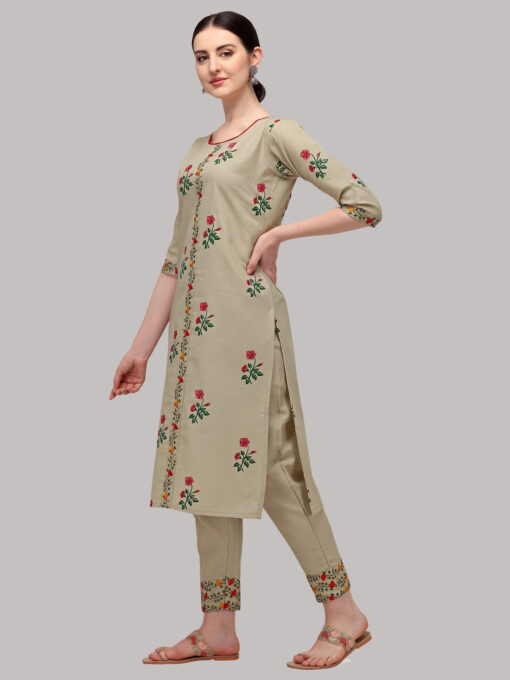 Beige Rubi Cotton Printed Embroidered Casual Wear Kurta Set